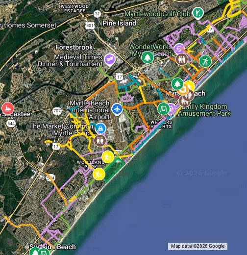 The shop's Boardwalk Bikes Google My Map of Myrtle Beach bike lanes and paths