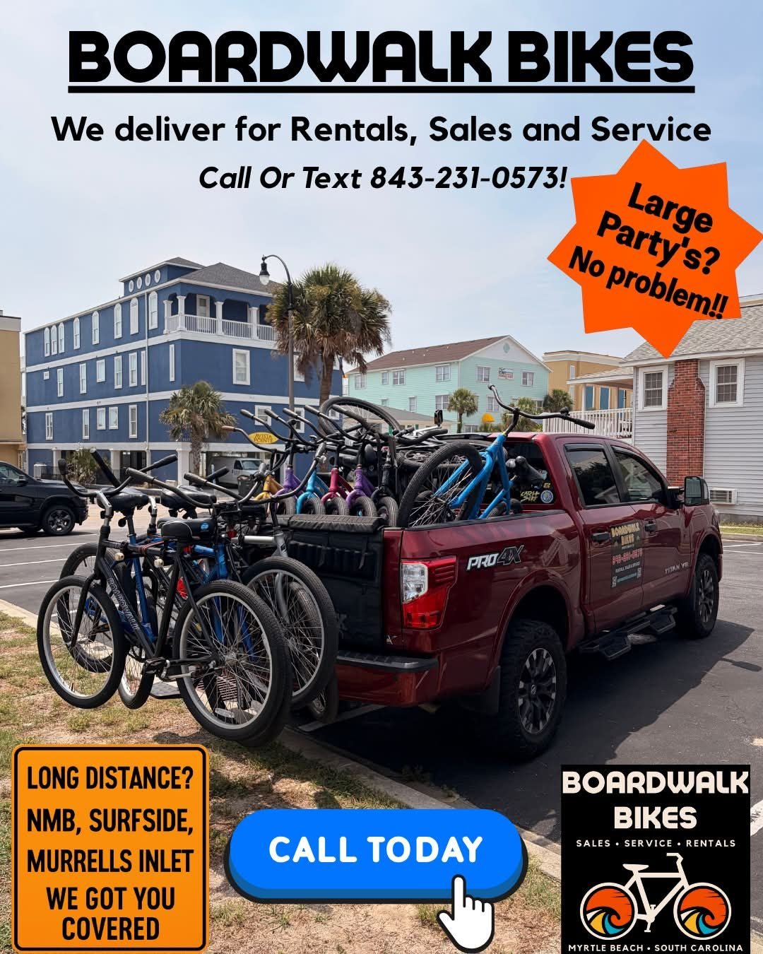 Boardwalk Bikes delivery flyer: We deliver for Rentals, Sales and Service